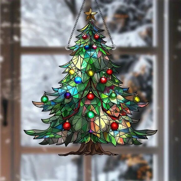 2D Flat Acrylic Christmas Tree Sun Catcher- 8x7" Holiday Themed - Picture 1 of 2